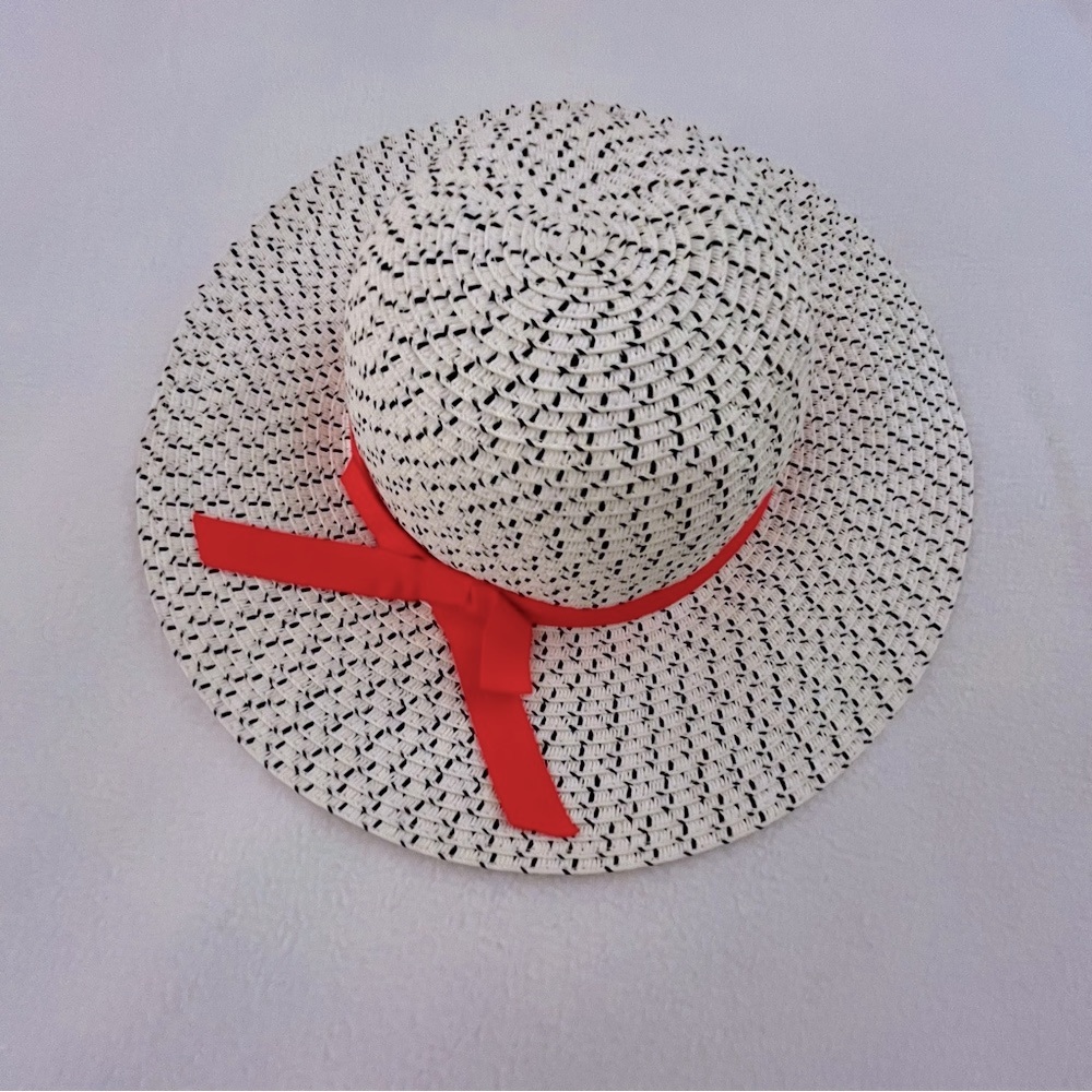 Black & White Wide Brimmed Hat with Orange Ribbon